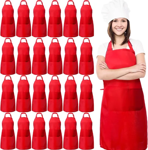 Vista 8 de JaGely Paquete de 24 delantales ajustables con babero y 2 bolsillos, delantales negros a granel para servidoras, mujeres adultas, delantal de cocina