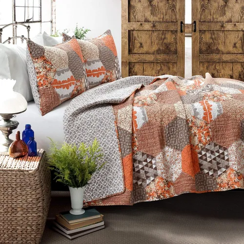 Vista 2 de Lush Decor Briley - Juego de edredón reversible de algodón de 3 piezas, color mandarina, juego de ropa de cama acolchado, colcha de retazos