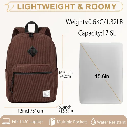 Vista 2 de VASCHY Mochila de viaje de pana, estilo vintage, casual, kawaii, bonita, estética, mullida, de forro polar, mochila para la escuela, adolescentes
