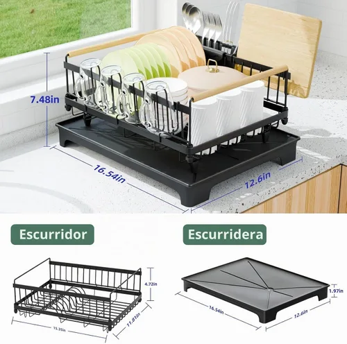 Vista 2 de Escurridor de platos, escurridor con bandeja de goteo automática, escurridor de platos para encimera de cocina, escurridor de platos antioxidante