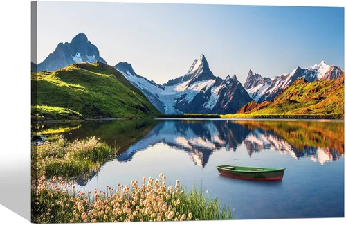 Vista 7 de SD SOFT DANCE - Lienzo de pared con paisaje del lago natural: arte de la naturaleza con escena de atardecer, bosque y montañas, pintura panorámica