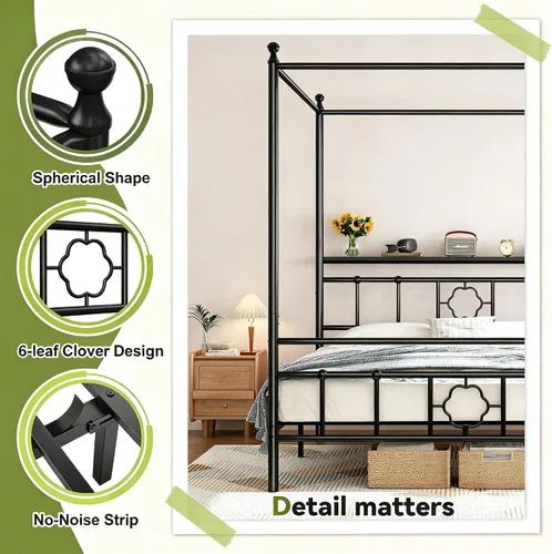 Vista 6 de Homkdom Twin Canopy Bed Frame with Storage Headboard,Noise-Free,Black