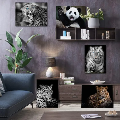 Vista 8 de Impresiones en lienzo de leopardo con fondo negro y vida silvestre dorada, arte de pared de leopardo y guepardo, ilustraciones para baño