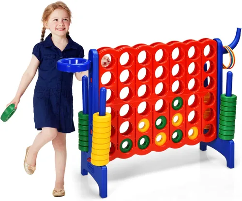 Vista 15 de HONEY JOY Juego gigante gigante de 4 a puntuación, 3 en 1 para interiores y exteriores, juego de patio familiar con aro de baloncesto y lanzamiento