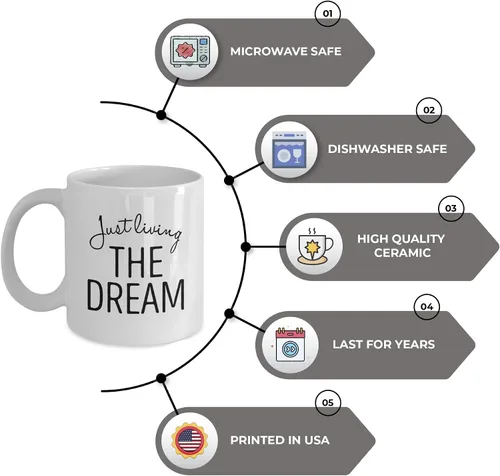 Vista 3 de D STICKY COMPANY Just Living The Dream - Taza de café de cerámica de 11 onzas, ligera, resistente con diseño inspirador para el hogar, la oficina