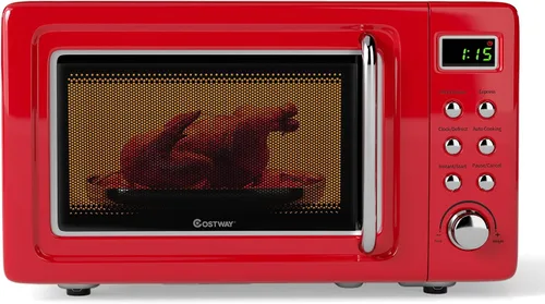Vista 10 de COSTWAY horno microondas de encimera, 0.7 pies cúbicos, hornos microondas con 5 niveles de micro potencia, función de inicio diferido, plato