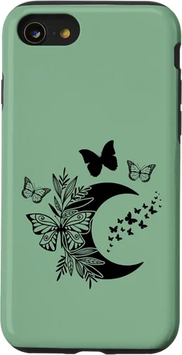Vista 13 de Funda de bruja Wicca Wicca para iPhone 15, diseño de luna y mariposa, color verde salvia