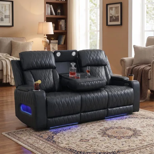 Vista 26 de Sofá reclinable con luces LED, sofá reclinable de cuero con dos asientos reclinables/puerto USB/consola de almacenamiento/soporte para vasos