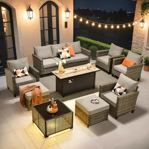 Vista 42 de ovios Juego de muebles de patio de 4 piezas con sofá de exterior, luces solares, mesa, cojines cómodos, sofá de conversación de mimbre de ratán