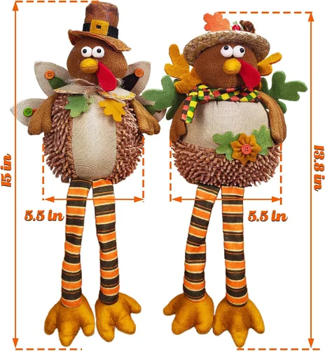 Vista 6 de Ogrmar Paquete de 2 muñecas de pavo de peluche de 15 pulgadas, decoración de mesa de Acción de Gracias, exquisita muñeca de felpa de pavo hecha a
