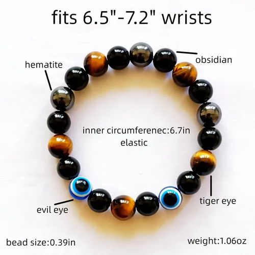 Vista 70 de Pulseras de triple protección con piedra de ojo de tigre de obsidiana negra con hematita para hombres y mujeres, pulsera de piedra curativa