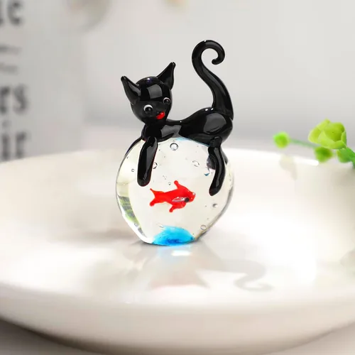 Vista 4 de QFkris Figura de gato negro de vidrio soplado, escultura de animales de cristal de 1.6 pulgadas, figuras coleccionables de arte de gatos y peces