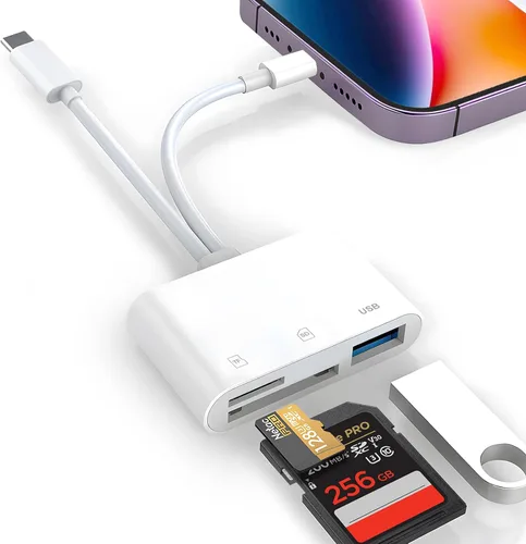 Vista 9 de Lector de tarjetas SD Denlane para iPhone iPad, lector de tarjetas de memoria con interfaz dual USB C y Lightning, adaptador de cámara digital
