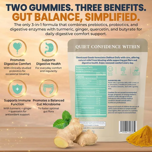 Vista 3 de Debloat Daily 3 en 1 Gomitas prebióticas, probióticas y enzimas digestivas Apoyo digestivo para mujeres y hombres Hinchazón ocasional, malestar