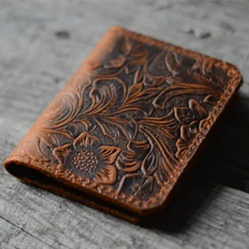 Vista 3 de Cartera minimalista de cuero para hombre, hecha a mano, para regalo, estilo de flores marrones, estilo 2, Flor Brown2, Style2