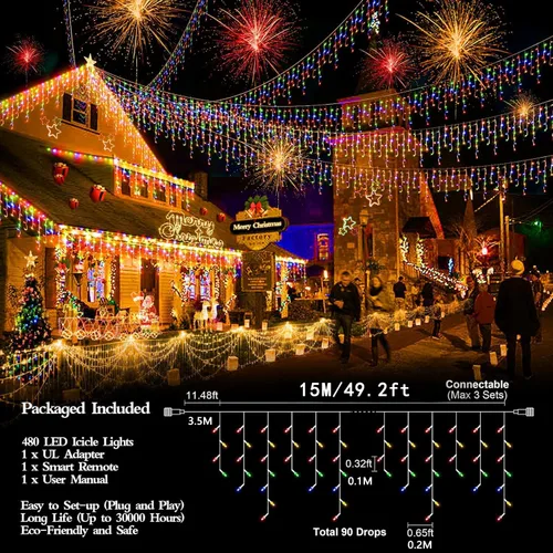 Vista 5 de FLVOECN 480 luces LED de Navidad de 49 pies, enchufables, 8 modos con temporizador, luces de hielo regulables, para exteriores, impermeables