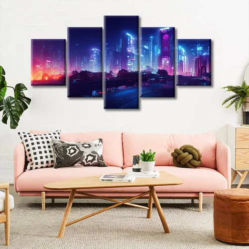 Vista 384 de Cuadros de 5 paneles de Cyberpunk City, arte de pared, representación de vallas publicitarias, edificios modernos en la capital con obras de arte