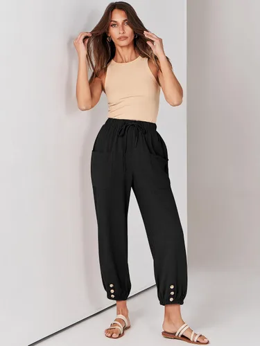 Vista 6 de ANRABESS Pantalones de lino de verano para mujer, estilo casual, pierna ancha, con cordón en la cintura, pantalones palazzo recortados