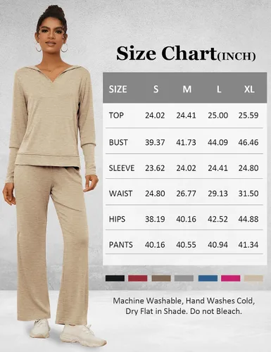 Vista 6 de AKEWEI Conjuntos de dos piezas para mujer, conjunto de sudadera a juego con cuello en V, sudadera con capucha y pantalones de pierna ancha