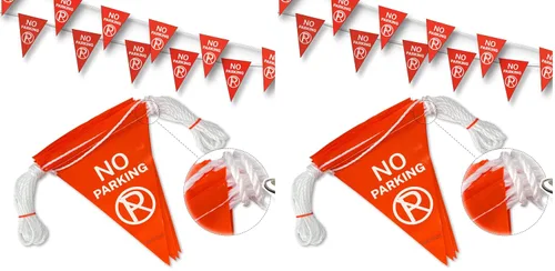 Vista 6 de Bandera de banderín con texto en inglés "No Parking", naranja fluorescente, ideal para estacionamientos y áreas al aire libre 【37 pies】