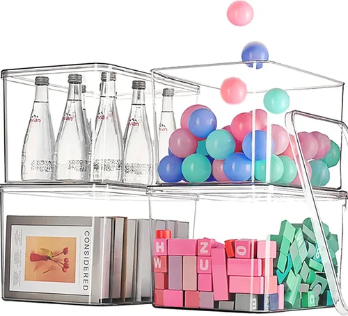 Vista 6 de Contenedores de almacenamiento de plástico transparente con tapas, contenedores de almacenamiento para aperitivos, cosméticos, libros, comida