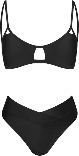 Vista 5 de CUPSHE Conjunto de bikini para mujer, traje de baño de dos piezas, cintura alta, cuello redondo, corte en V