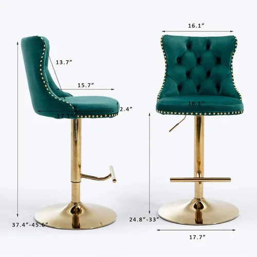 Vista 2 de SoarFlash Juego de 2 taburetes de bar de terciopelo giratorios ajustables con patas de metal chapado en oro, capitoné con botones, reposapiés