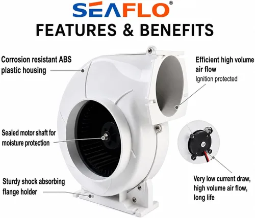 Vista 9 de SEAFLO Ventilador de soplador de alto flujo, 320 CFM 12 voltios, montaje en brida, protección contra encendido, plástico ABS blanco