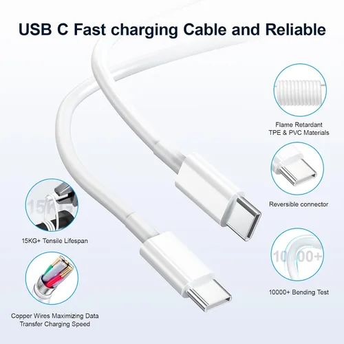 Vista 2 de Compatible con cargador rápido iPhone 16, bloque de cargador USB C de 30 W con cable USB C de 60 W de 6 pies compatible con iPhone 17/16/15 Plus/Pro