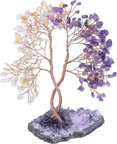 Vista 9 de mookaitedecor Árbol de cristal de aventurina verde natural y aguamarina con base de racimo de amatista, árbol del dinero de la vida adorno