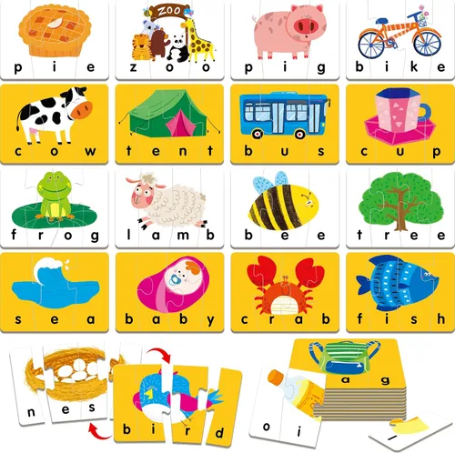 Vista 11 de Juego de 24 tarjetas de rompecabezas de palabras de 3 letras, 72 piezas de rompecabezas de ortografía de palabras autocorrectivos, tarjetas