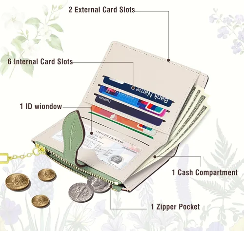 Vista 2 de Carteras para mujer - Bloqueo RFID - Pequeña billetera con flores, cuero PU suave, plegable, bolsillo con cremallera para monedas, tarjetero