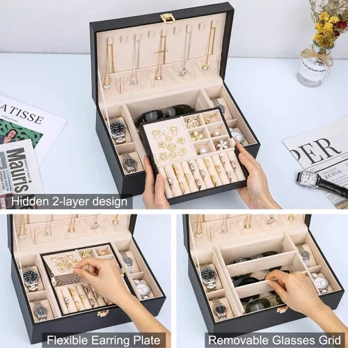 Vista 2 de LANDICI Joyero organizador para mujeres y niñas estuche grande de 2 capas para hombres con bandeja extraíble soporte de almacenamiento de joyas
