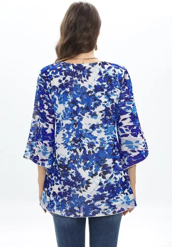 Vista 2 de Miusey Blusa elegante tipo túnica para mujer, elegante blusa de manga acampanada de 34, blusa de malla fluida