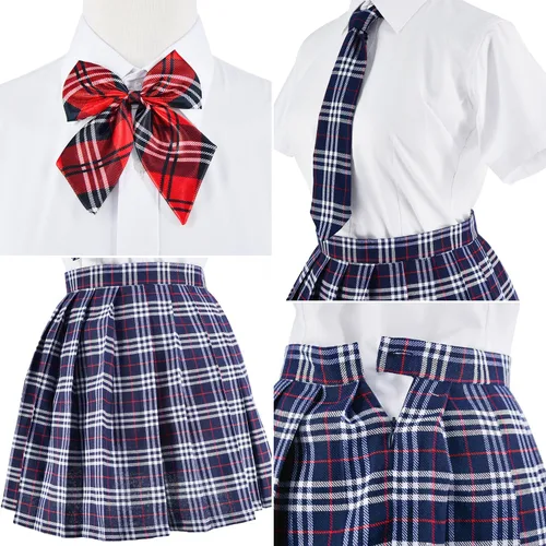Vista 9 de Uniforme escolar japonés de tartán plisado para cosplay, disfraz con calcetines, gafas, marco, conjunto