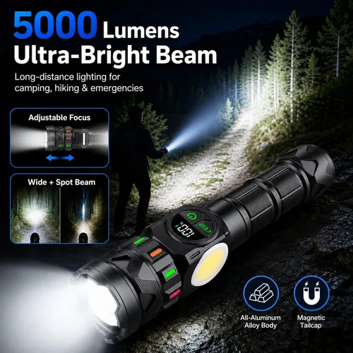 Vista 17 de Linternas recargables de alto lúmenes 5000 de larga distancia, luces LED superbrillantes con luz lateral COB pantalla LCD USB C, fuente de luz dual