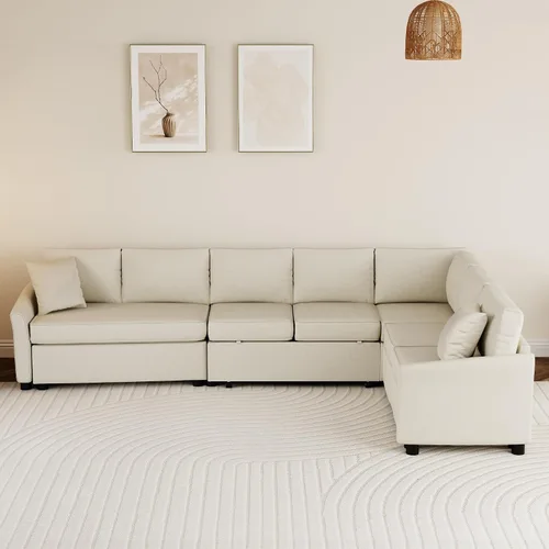 Vista 3 de JIVOIT Sofá cama moderno en forma de L con dos almohadas de respaldo, sofá cama modular de 124.8 pulgadas con cama extraíble, sofá modular Beige 052