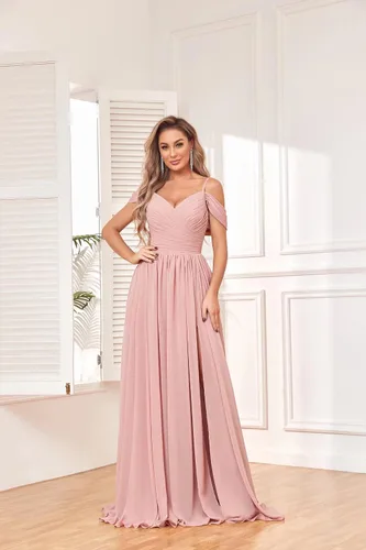 Vista 3 de BOLENSYE Vestidos de dama de honor con hombros descubiertos y bolsillos, vestido de noche formal con abertura larga de gasa fruncida