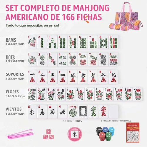 Vista 2 de American Mahjong - Juego completo de 166 azulejos rosados con 4