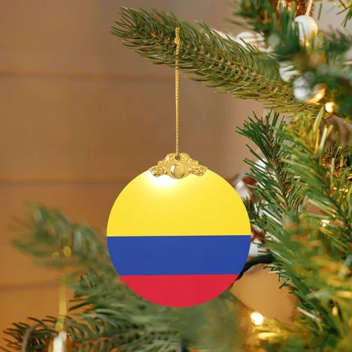 Vista 6 de Colgante redondo de adorno navideño de cristal con estampado de bandera de Colombia con detalles dorados y plateados para colgar la decoración