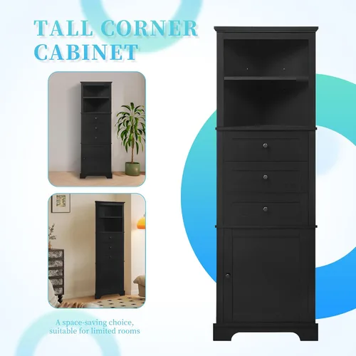 Vista 4 de Corner Cabinet with 3 Drawers and 1 Door, Triangle Storage Cabinet with Open Adjustable Shelves, Tall Bathroom Organizer Home Space Saver for Living