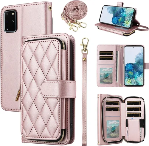 Vista 45 de Funda de Cartera para Samsung Galaxy S20 FE 5G de 6.5 Pulgadas con Correa para Muñeca, Billetera con Cremallera y más de 9 Ranuras para Tarjetas