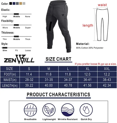 Vista 6 de ZENWILL Pantalones de entrenamiento cónicos para hombre, pantalones deportivos de entrenamiento ajustados con bolsillos con cremallera