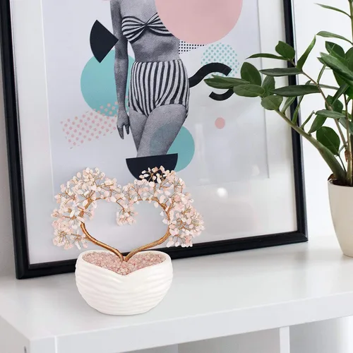 Vista 3 de Jovivi Juego de 2 piezas de adorno de bonsái de árbol de dinero de cristal de cuarzo rosa y árbol de dinero, pulsera elástica de árbol de la vida