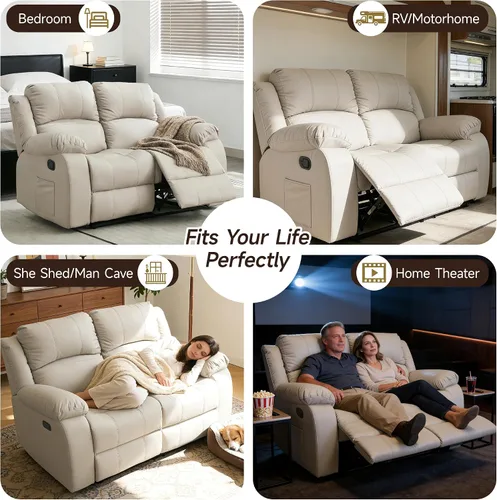Vista 8 de Sofá reclinable de dos plazas de cuero, sofá reclinable de 2 plazas para sala de estar, sofá para cine en casa (Sofá de dos plazas, Beige)
