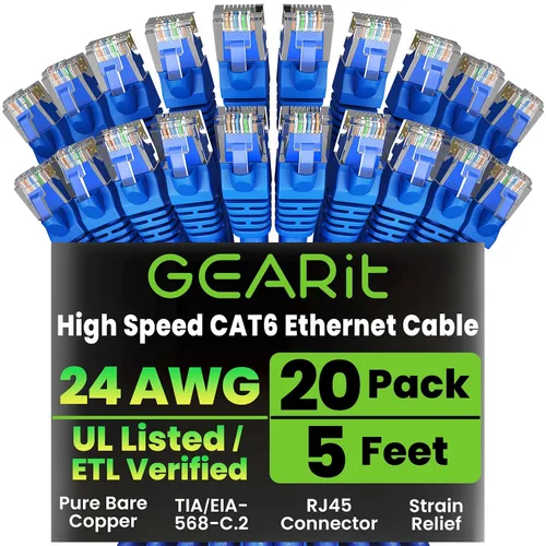 Vista 20 de GEARit Paquete de Cables Ethernet Cat 6 - Paquete de 20 Cables de Conexión Ethernet Cat6 de 1 pie Cable de Conexión de Red RJ45, Conectores