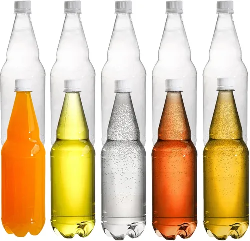 Vista 9 de Hiceeden 10 botellas de refresco de plástico de 33 onzas con tapas, botellas de vino desechables de cuello largo de 1 litro con tapa, botella