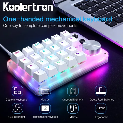 Vista 3 de Koolertron Teclado mecánico macro con una sola mano, teclado para juegos con una sola mano con teclas totalmente programables para perillas y llaves