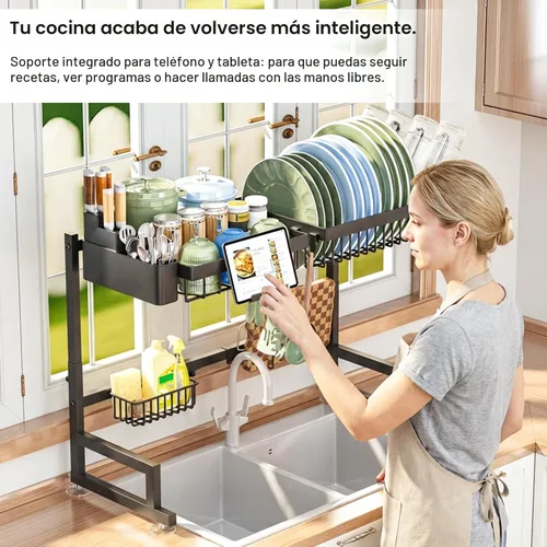 Vista 7 de ADBIU - Escurridor de platos sobre el fregadero (Altura y longitud expandibles) Diseño de quitar y poner, 2 niveles, estante grande para secar platos