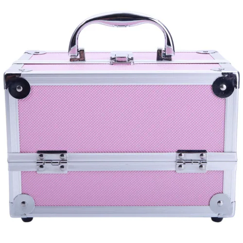 Vista 6 de Estuche de tren de maquillaje portátil profesional, estuche de aluminio para maquillaje, joyero, organizador de almacenamiento de cosméticos con Rosa